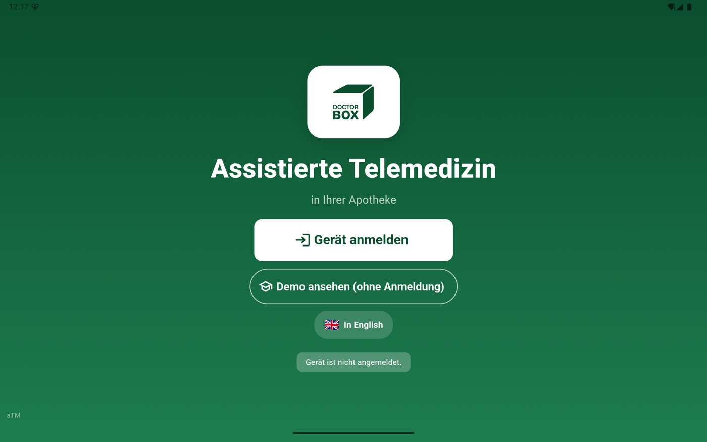 DoctorBox Telemedizin-App auf dem Tablet — Startbildschirm